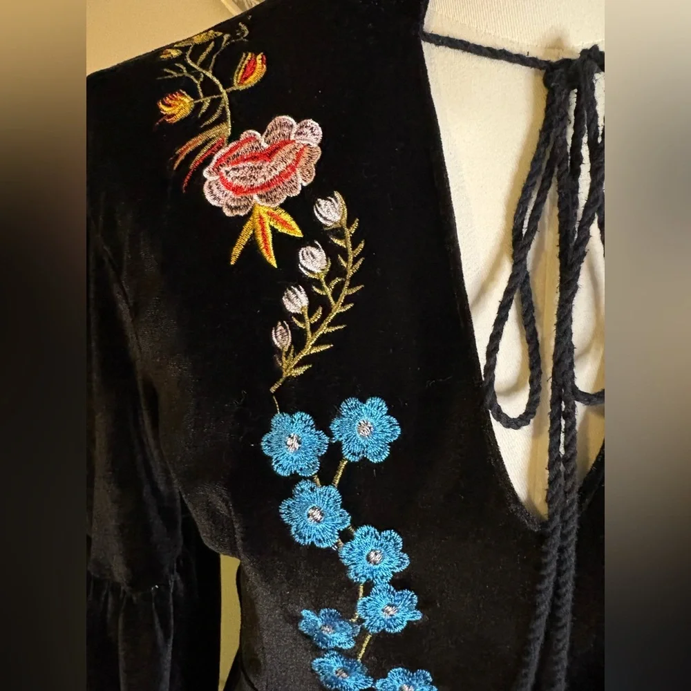 ASA Black Velvet Embroidered Floral Bohemian Style Dress - Picture 4 of 13